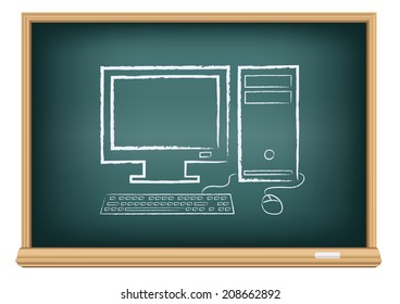 The school blackboard and chalk written desktop computer
