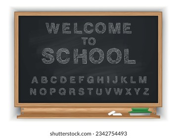 School blackboard chalkboard realistic alphabet composition with isolated view of wooden frame and editable written text vector illustration