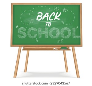 School blackboard chalkboard realistic composition with isolated view of wooden easel with green board and text vector illustration