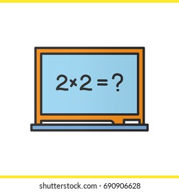 School blackboard color icon. Blackboard with pointer and piece of chalk. Isolated vector illustration