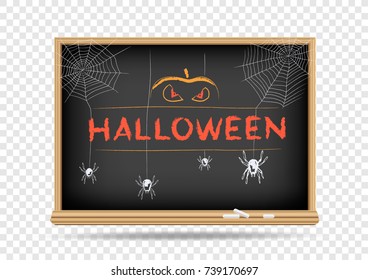 School blackboard drawing Halloween spider and pumpkin on transparent background. Classroom chalkboard drawing with shadow