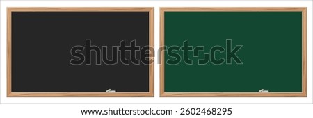 School blackboard. Empty green and black chalkboards with wooden frame and chalk. Back to school horizontal background. Cartoon vector illustrations set.