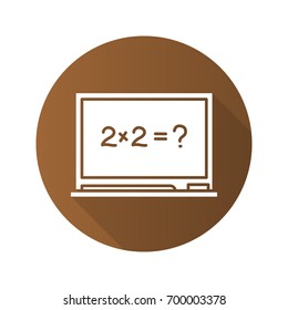 School blackboard flat design long shadow glyph icon. Blackboard with pointer and piece of chalk. Vector silhouette illustration