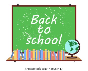 School blackboard. Globe and telescope. Back to school. Textbooks. Vector illustration.