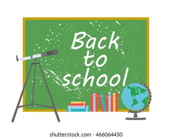 School blackboard. Globe and telescope. Back to school. Textbooks. Vector illustration.