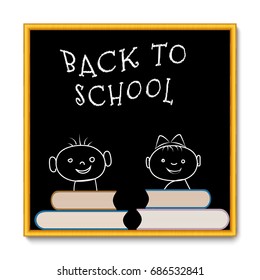 School blackboard with gold frame decorated by ornament. Text back to school written by chalk. Cartoon boy and girl drawn by chalk on blackboard, books. Vector illustration.