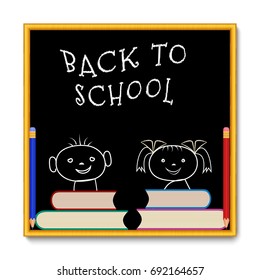 School blackboard with gold frame decorated by ornament. Text back to school written by chalk. Cartoon boy and girl drawn by chalk on blackboard, books, colored pencils. Vector illustration.