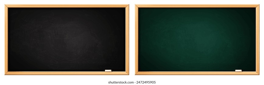 School blackboard. Green and black board with wooden frame and chalk. Realistic blank blackboards with chalk dirt texture. Classroom, restaurant menu vector template