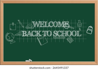 School blackboard. Green chalkboard with wooden frame and welcome text. Welcome back to school horizontal background. Cartoon vector illustration.