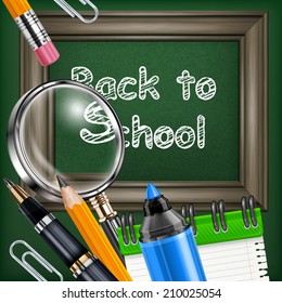 School blackboard with inscription back to school and stationery, vector illustration