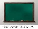 School blackboard isolated on wall background. Vector realistic illustration of brown chalkboard with pieces of chalk on shelf, office presentation or classroom interior element, education equipment