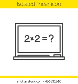 School blackboard linear icon. Thin line illustration. Blackboard with pointer and piece of chalk. Contour symbol. Vector isolated outline drawing