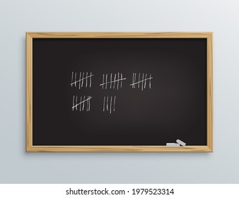 School blackboard with marks of time left to vacations. Board with crossed out lines for counting days with wooden frame vector. Education and ideas in handwriting on white background.