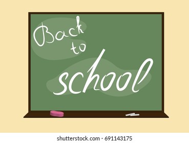 A school blackboard on the wall with text Back to School. Light background. Vector illustration