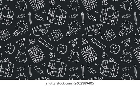 school blackboard, seamless pattern, back to school, autumn event, September, background, cover, wallpaper, packaging, wrapping paper, textile, fabric, clothing, ads, web, isolated background, vector