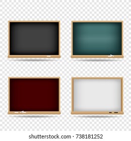 School blackboard set on transparent background. Classroom black green red white chalkboard template collection with shadow