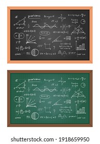 Schultafel. Vektorgrafik der Mathematik-Tafel mit Formel, Berechnung, geometrischen Diagrammen und Gleichung. Mathematik, Algebra, Physik funktioniert auf der schwarzen Tafel. Wissenschaftliche Formel