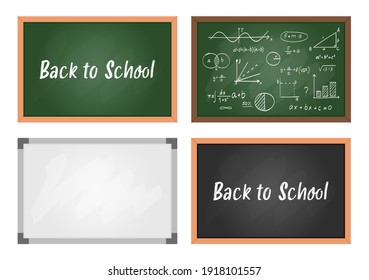 School blackboard. Vector set of chalkboard with wooden frame, rubbed out dirty chalkboard, geometric plots, physics and mathematical formulas, calculations. Illustration for classroom, restaurant 