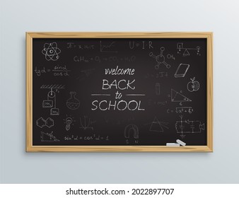 School blackboard with welcome back to school message. Board with text with wooden frame and chalk lying vector illustration. Education and ideas in classroom on white background.