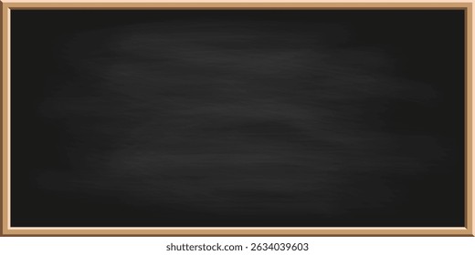 School Blackboard with Wooden Frame. Chalkboard with white Chalk Dirty Texture. Vector Realistic Black Board for Classroom, Restaurant Menu Board Template. Rectangular Blackboard Education Chalk. Web.