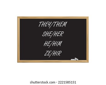 School blackboard with written gender pronouns. Concept of respect for gender diversity and the use of gender-sensitive language.Vector illustration