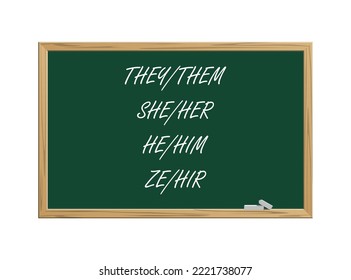 School blackboard with written gender pronouns. Concept of respect for gender diversity and the use of gender-sensitive language.Vector illustration