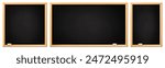 School blackboards. Black board with wooden frame, rectangular and square chalkboard. Blackboards with white chalk dirty texture. Classroom, restaurant menu board vector template