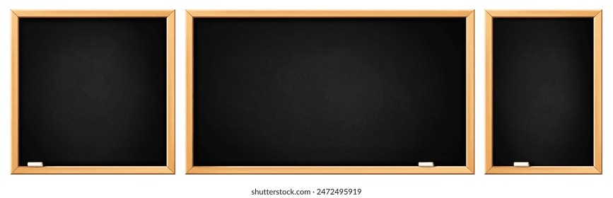 School blackboards. Black board with wooden frame, rectangular and square chalkboard. Blackboards with white chalk dirty texture. Classroom, restaurant menu board vector template