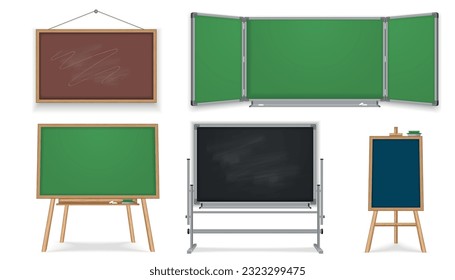 School blackboards chalkboards realistic set with isolated images of hanging and standing frames with chalk spots vector illustration