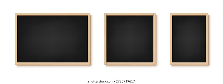 Conjunto de pizarras escolares aisladas sobre fondo blanco. Tablero negro con marco de madera. Vector ilustración realista