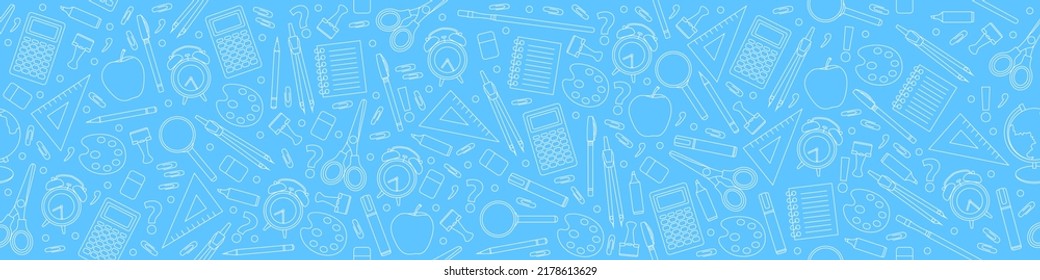 School blue background. Seamless background with drawings of various school subjects. Vector illustration. Pattern with doodles