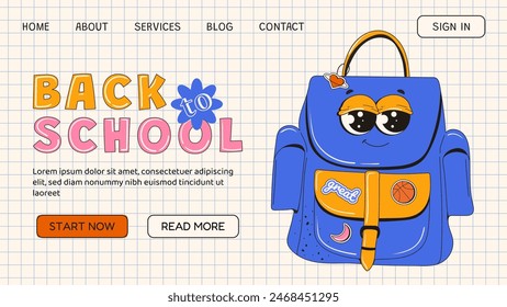 A school blue backpack on a background with text. Welcome back to school. Web page design for school, learning, college, education. Vector illustration for banner, website, poster