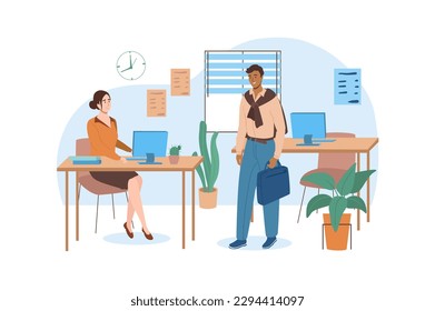 School blue concept with people scene in the flat cartoon style. Teachers discuss lesson plants after classes in the teachers room. Vector illustration.