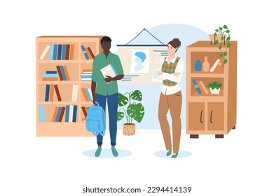 School blue concept with people scene in the flat cartoon design. Student came to the library to get the necessary books to prepare for the exams. Vector illustration.