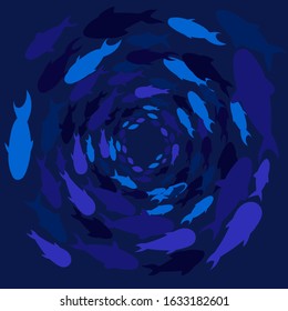 school of blue fish in a circle. Shoal of sea fish swimming in group underwater in the ocean. Vector image. deep under water. classic blue