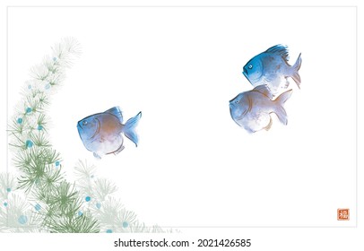 School of blue fish and green seaweed on white background. Traditional oriental ink painting sumi-e, u-sin, go-hua. Translation of hieroglyph - good luck.