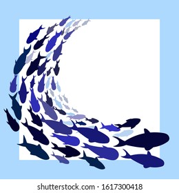 school of blue fish. template for text. Shoal of sea fish swimming in group underwater in the ocean on white background. frame of fish