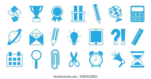 School blue icon, education set. College, student, teacher, university symbol, office stationery. School and science equipment isolated on white background. Cartoon vector illustration