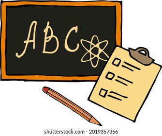 School board with ABC letters and symbol of the atom with notepad and pen. Vector illustration in hand-drawn childish simple style.
