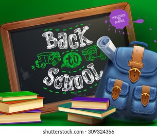 School board with backpack and books. Vector illustration welcome to school.