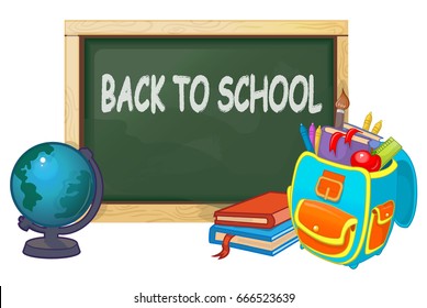 School board, school, school bag, globe, return to school inscription vector cartoon illustration