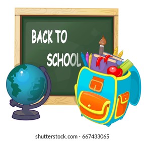 School board, school, school bag, globe, return to school inscription vector cartoon illustration