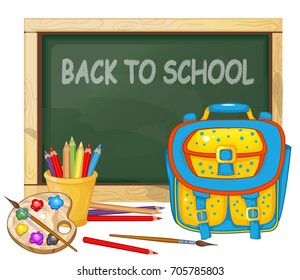 School board, school, school bag, globe, return to school inscription vector cartoon illustration