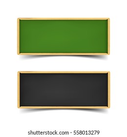 School board banner set. Realistic vector illustration of green and black boards with chalk and wooden borders. Horizontal web banners with shadow isolated on white background.