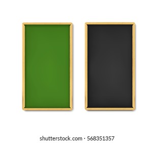 School board banner set. Realistic vector illustration of green and black boards with chalk and wooden borders. Vertical web banners with shadow isolated on white background.