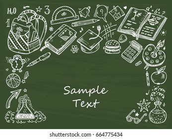 School Board. Blackboard. Chalkboard. Back to school background with hand drawn doodle school supplies. Vector illustration
