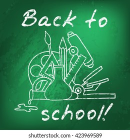 School board with chalk drawing school supplies and inscription - Back to school. Vector illustration.