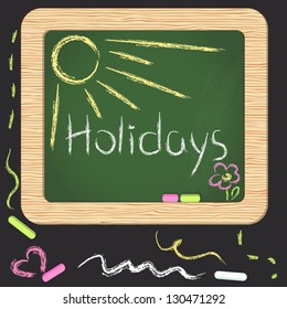 School board with chalk drawings of sun, flower and text holidays