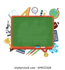 School board, chalkboard background. Frame and template for education design in space for text