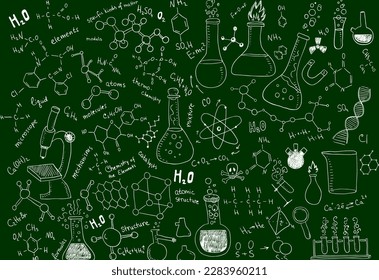 School board with chemical formulas and chemical illustrations written in chalk.